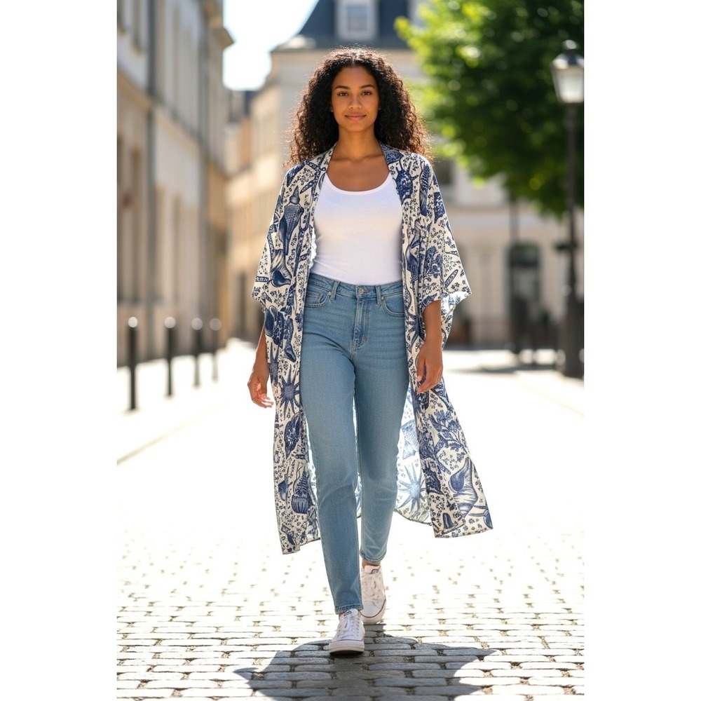 (I-257)Attitudes by Renee Kimono Cardigan XXS‎ Blue White Beach Cover Up NWT QVC